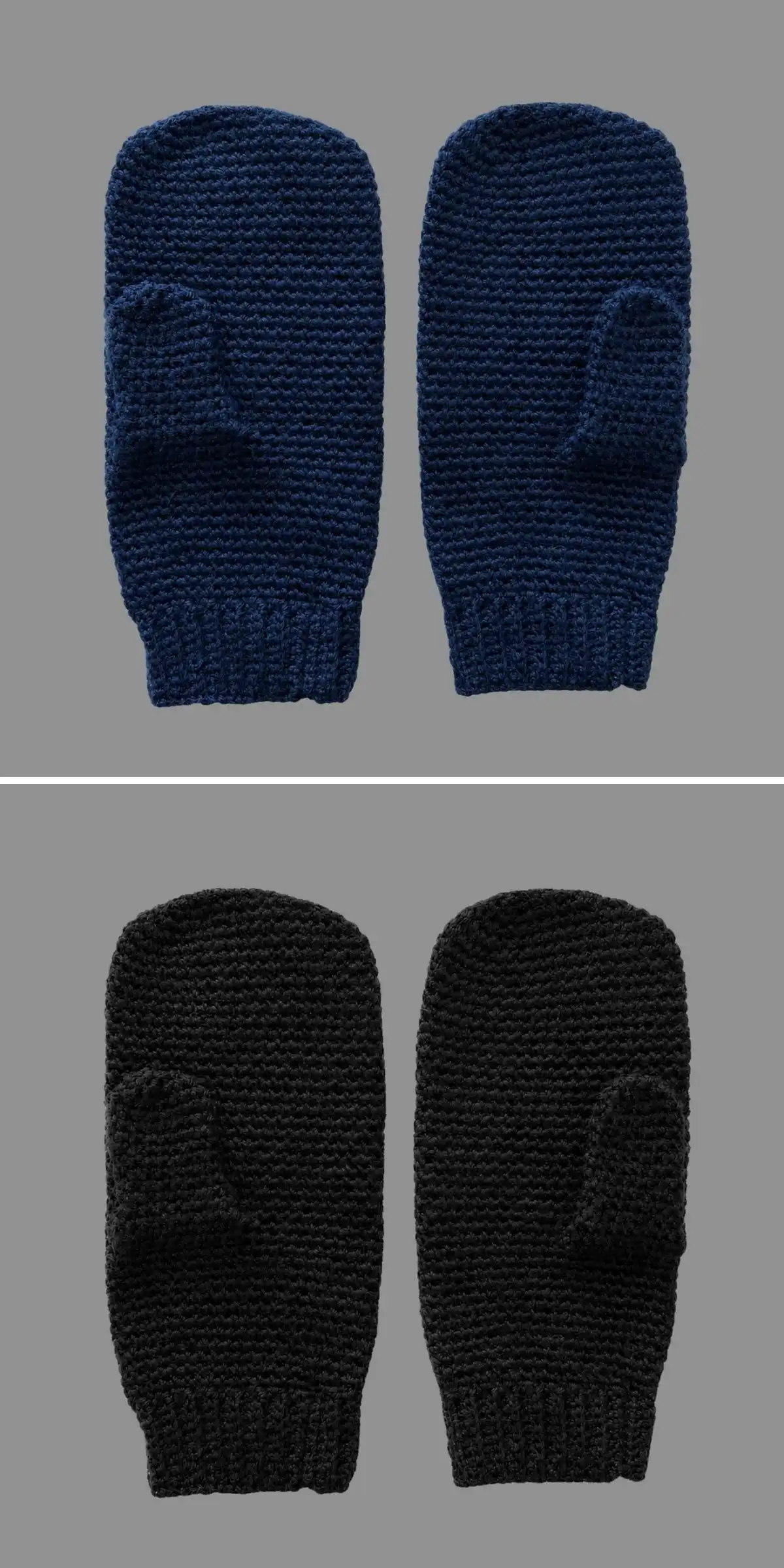 Minimalist dark blue and black crochet mittens with separated thumbs, illustrating 'Helmsman Mittens'.