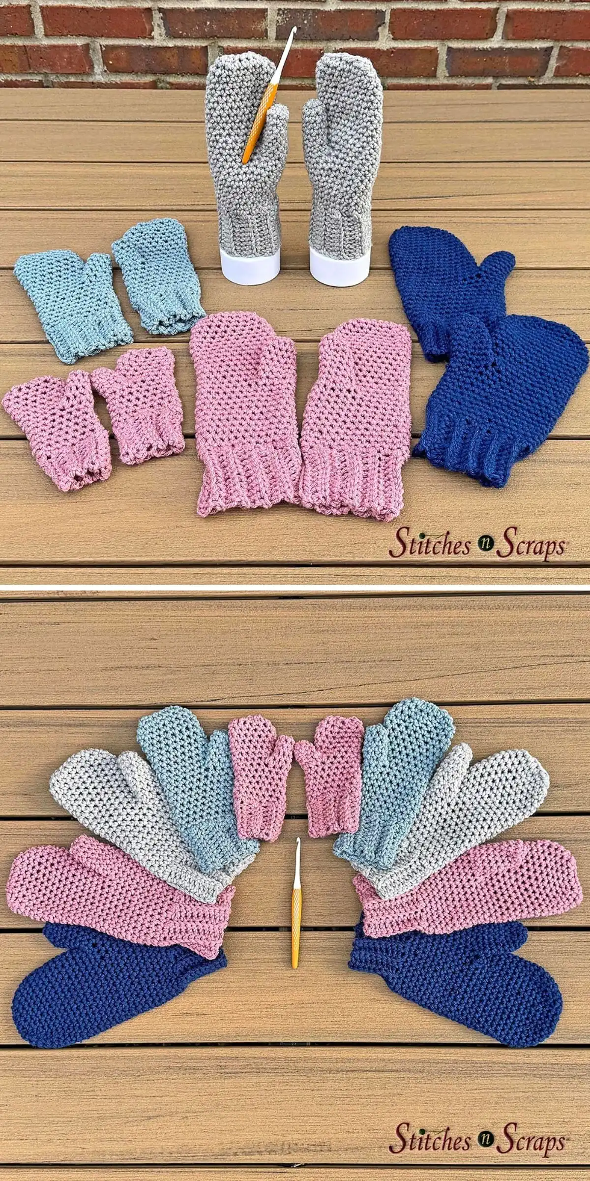 Soft gray and pastel multi-colored crocheted mittens, depicting the 'Giving Cozy Mittens' design.