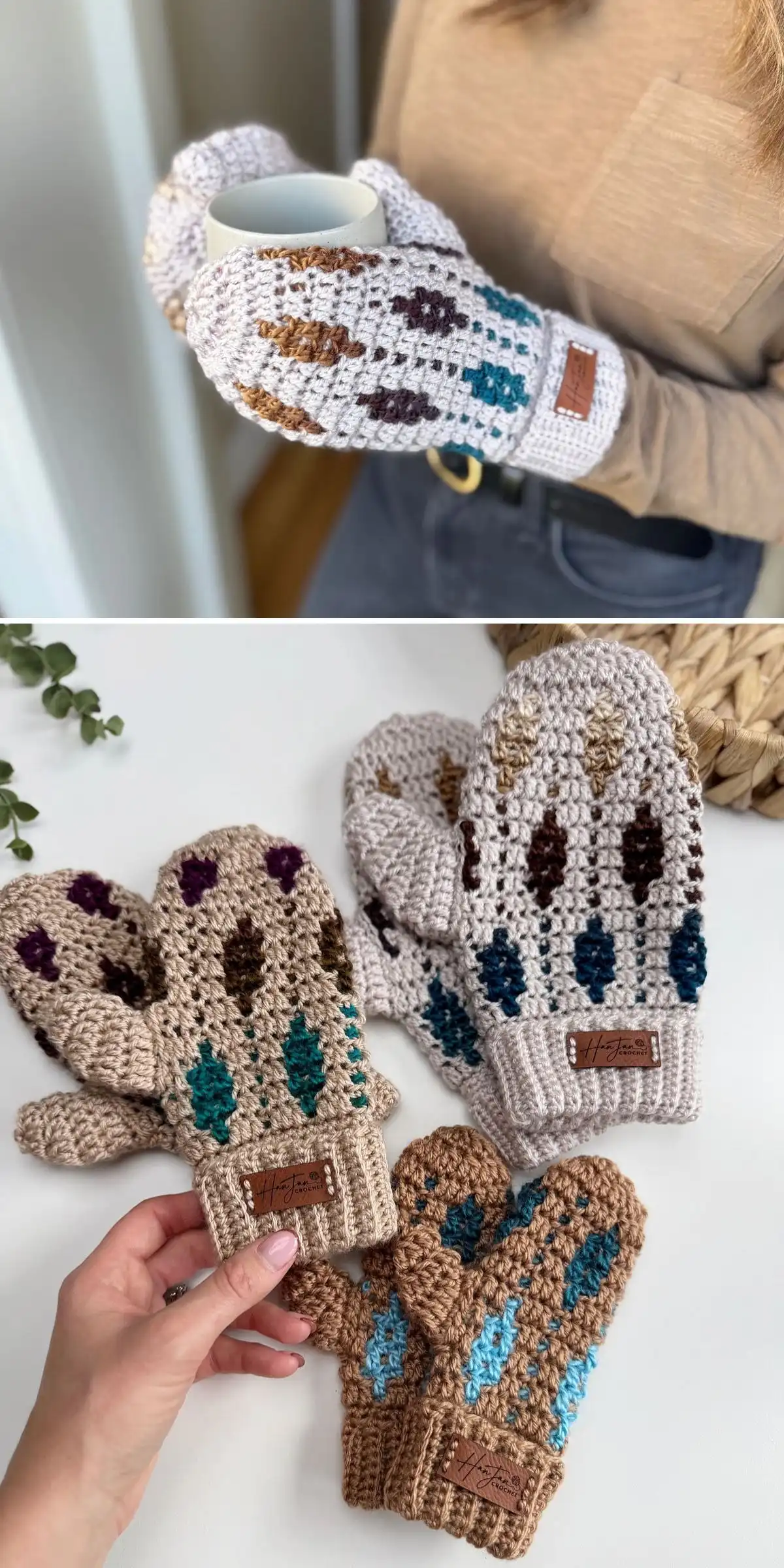 Colorful mosaic crocheted mittens with speckled patterns and ribbed cuffs, illustrating 'Starlight Mosaic Mittens'.