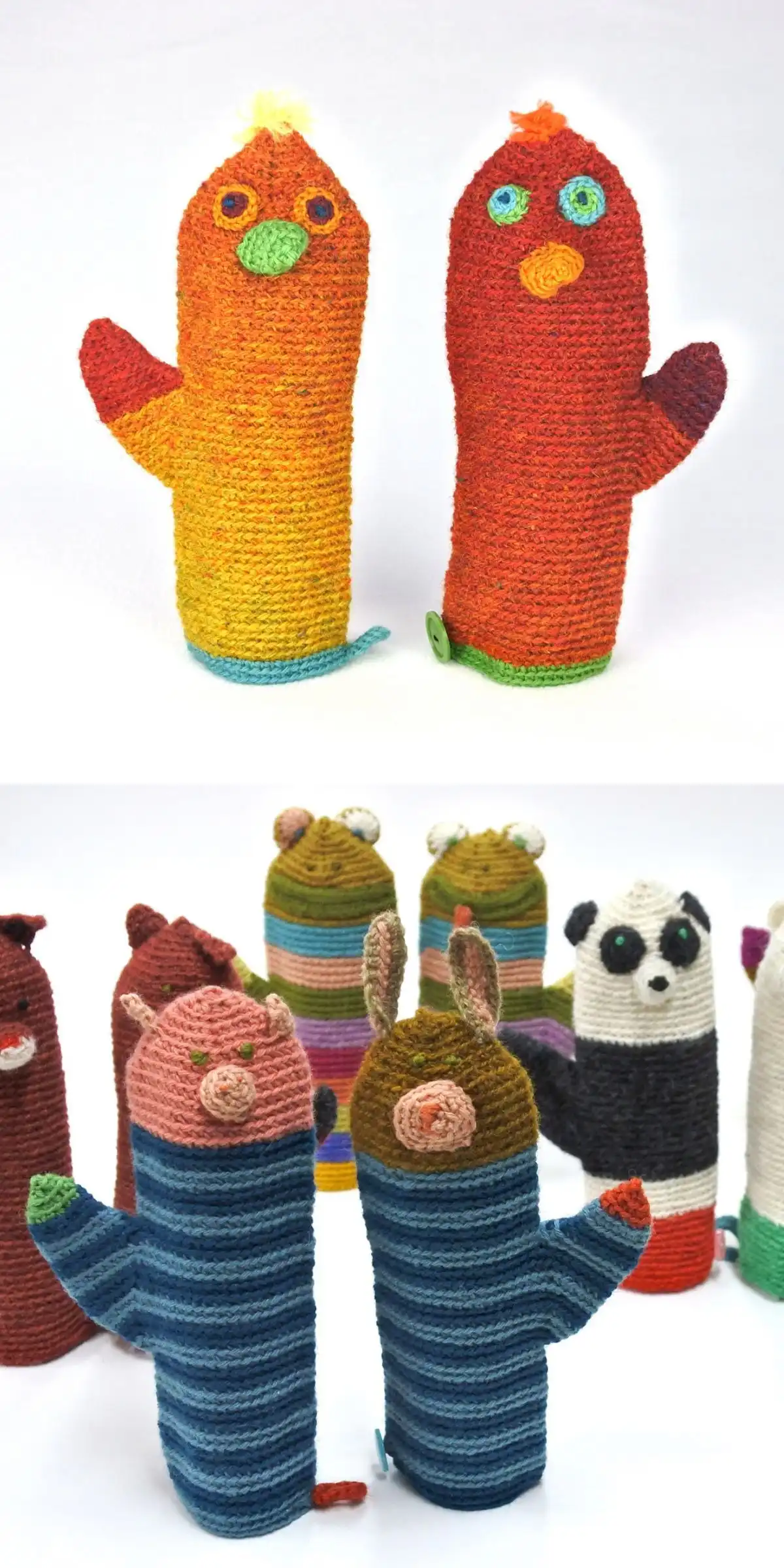 Whimsical animal-shaped crochet mittens, including a fox and a bear, from the 'Kanssakulkijat' pattern.