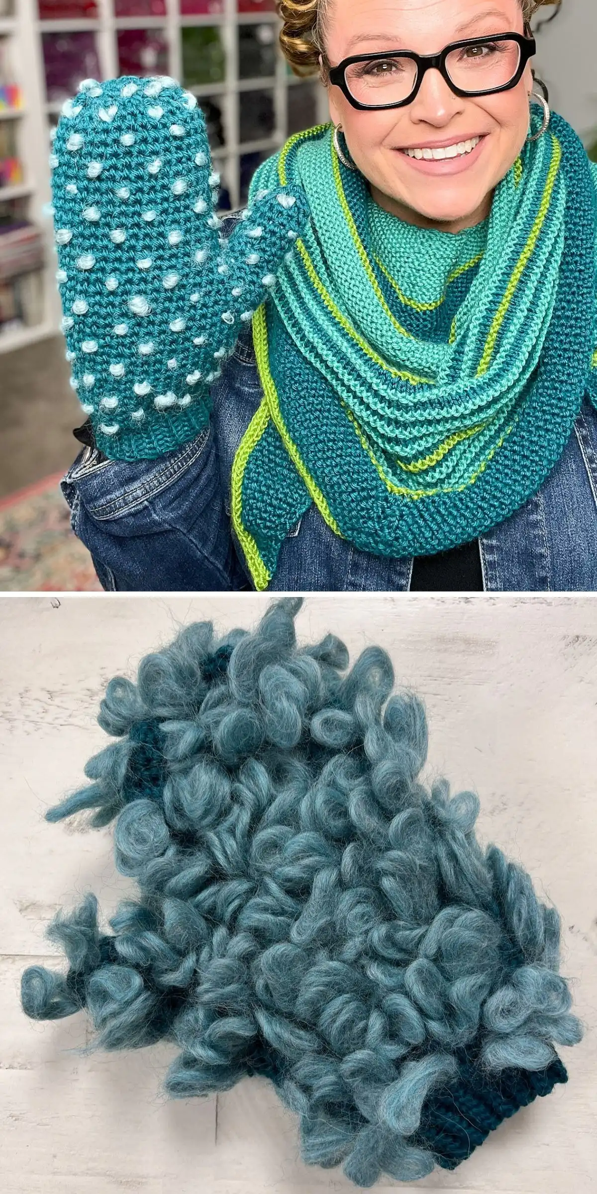 Teal thrummed crochet mitten with bobbles, showing the 'Rockies Thrummed Mittens' design.