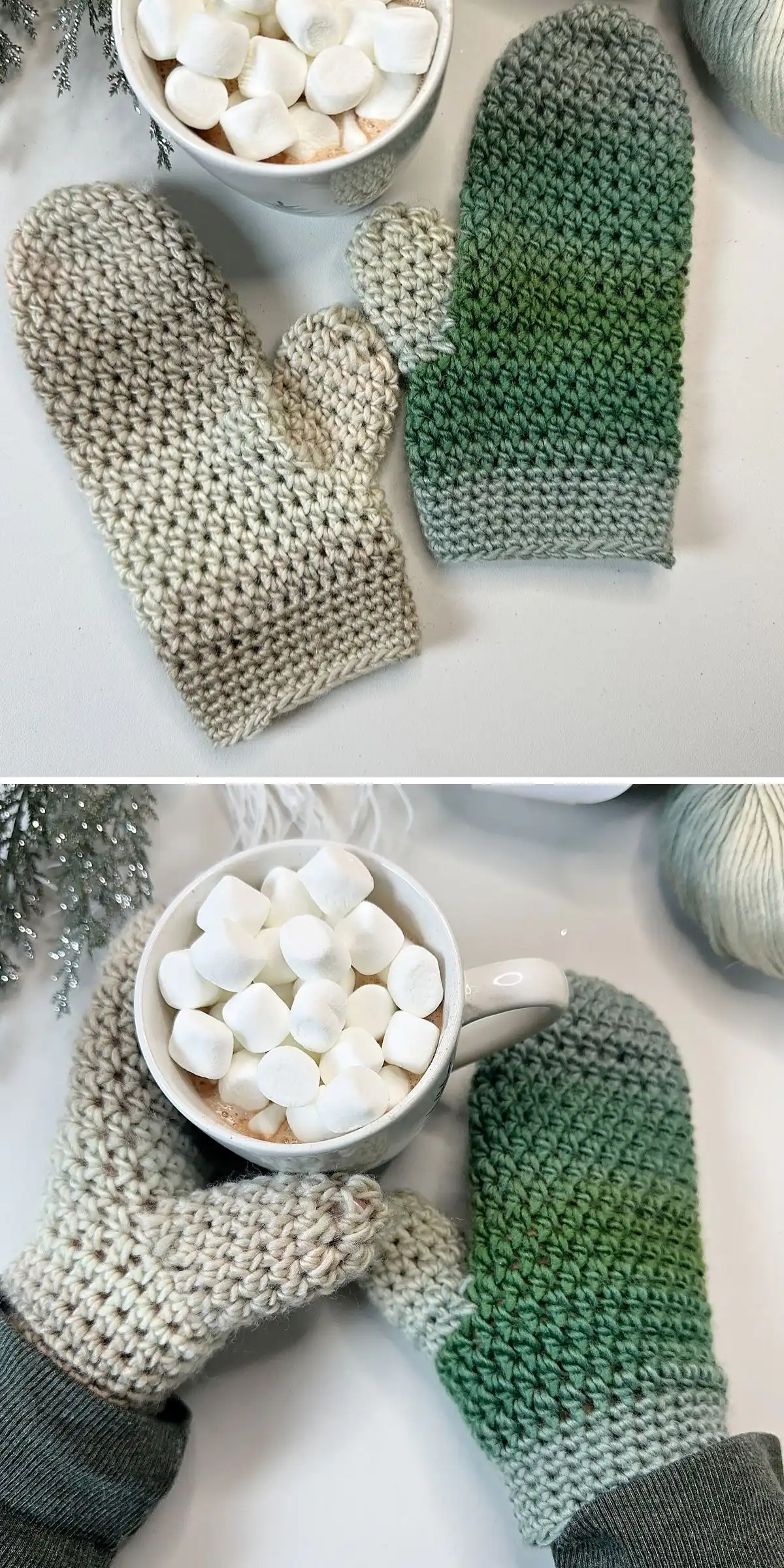 Cream and green striped simple crochet mittens, representing the 'Easy Beginner Mittens' pattern.