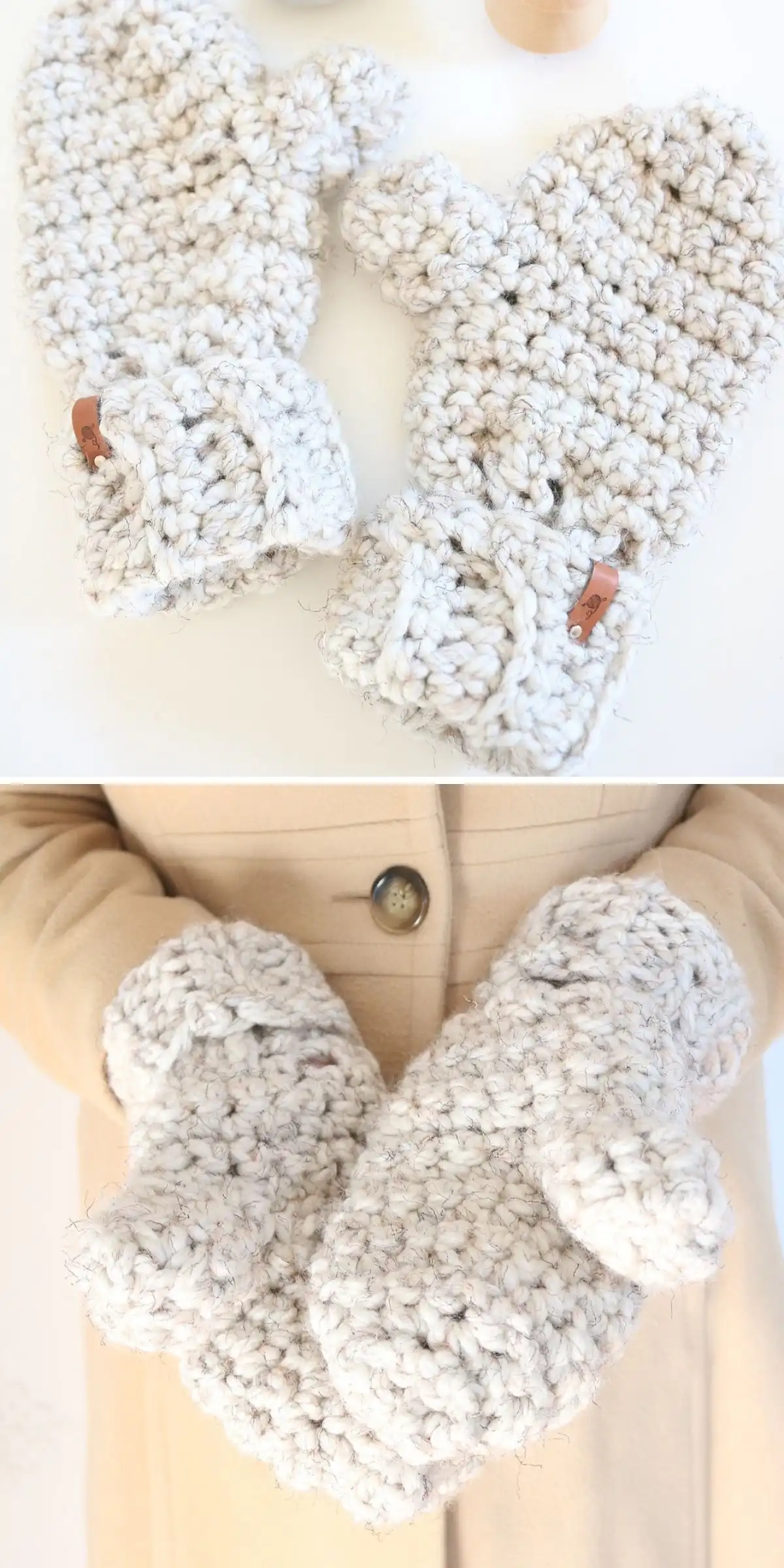 Chunky cream-colored crochet mittens with a folded cuff, featuring the 'Wheat Mittens' design.