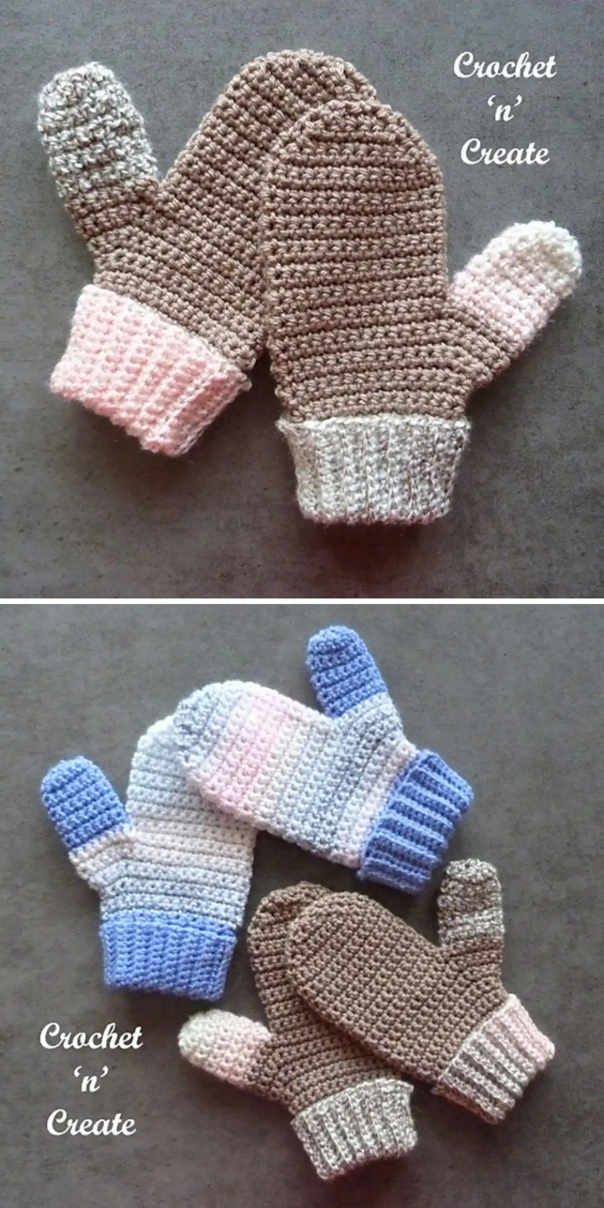 Assorted colorful crocheted mittens with contrasting ribbed cuffs, showcasing 'Rib Cuff Miittens'.