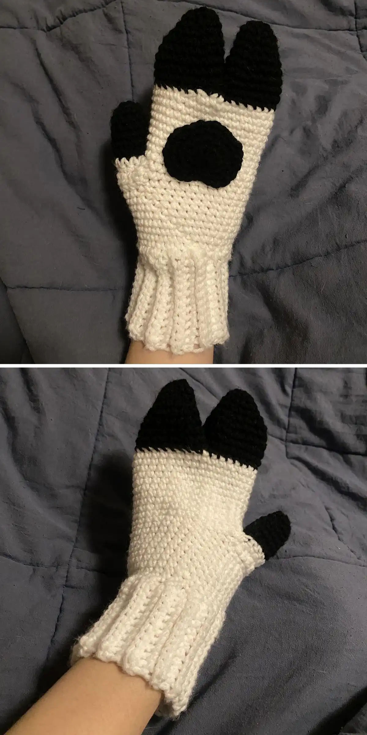 White and black crochet mittens designed to look like sheep hooves, from the 'Sheep Gloves Free Crochet Pattern'.