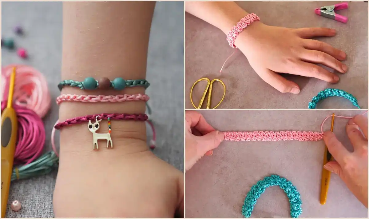 A close-up view of hands crocheting a vibrant friendship bracelet using the Single Crochet Stitch, with a free pattern guide.