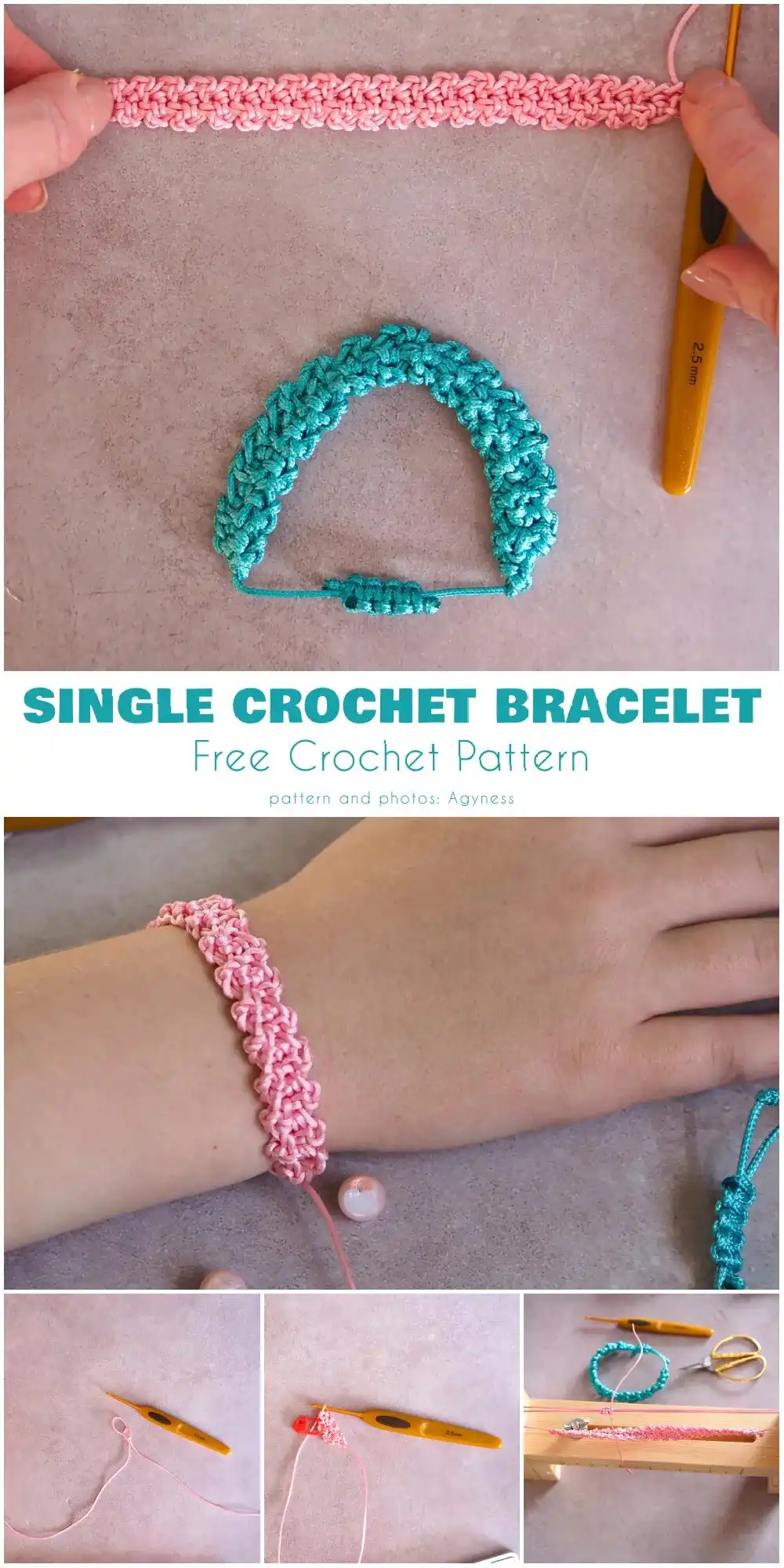 A three-panel illustration showing the process of making a single crochet stitch, with clear indicators for hook insertion and yarn pulls.