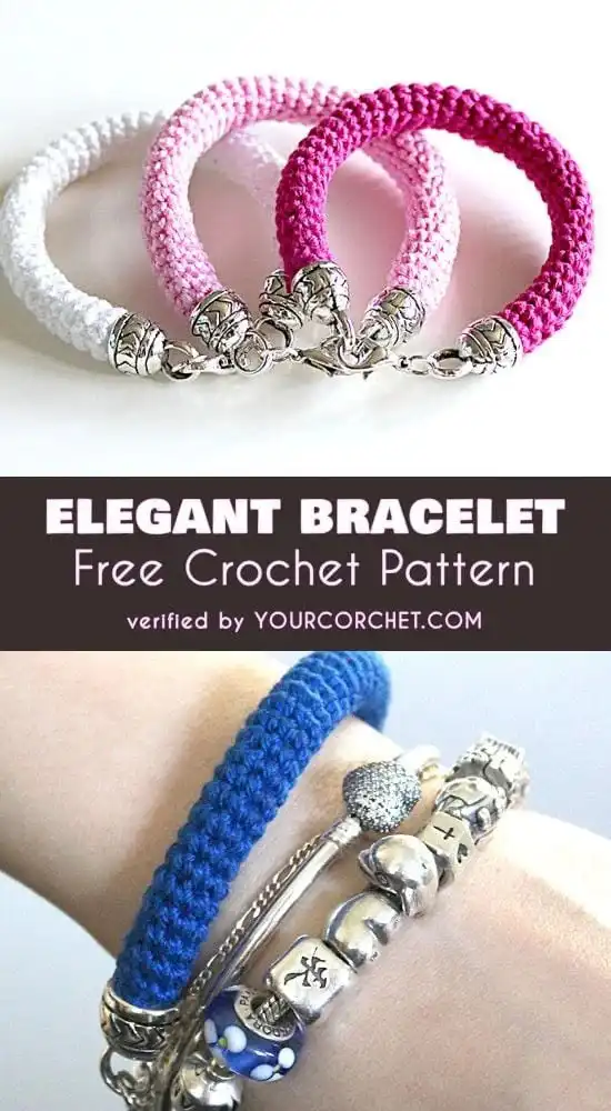 A crocheted bracelet being secured with a clamp, demonstrating the method for creating the closure loop with cord ends.