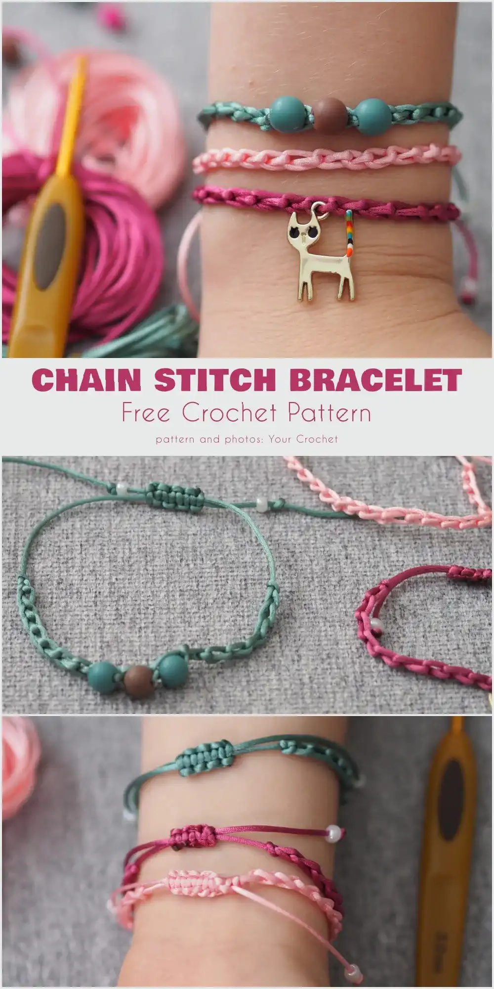A hands-on demonstration of crocheting a chain stitch friendship bracelet with bright yarn, ideal for those following a free pattern.