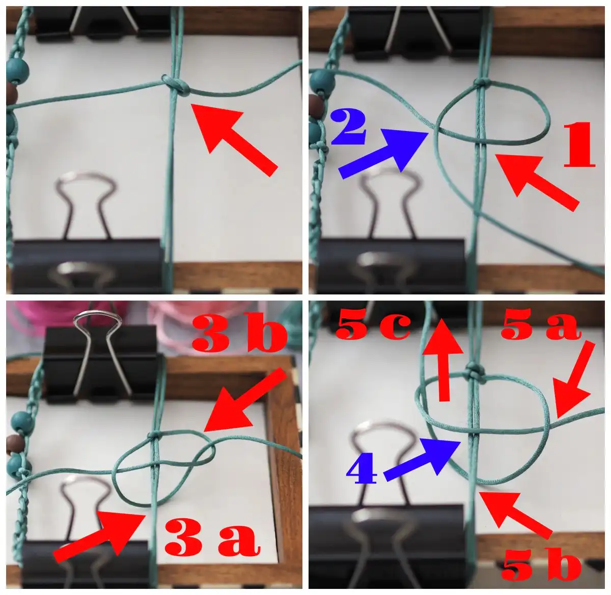 A method for blocking bracelet ends using a box cover and clips to create tension before tying an adjustable knot for a crocheted friendship bracelet.