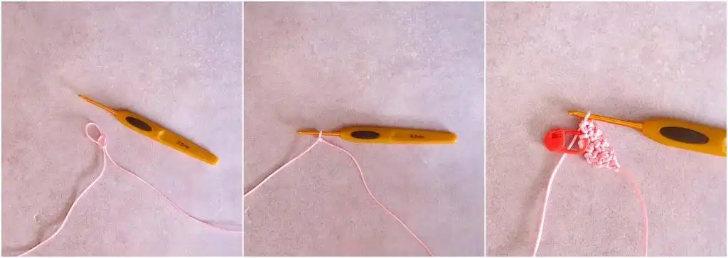 A hand wearing a pink single crochet friendship bracelet, with craft tools like scissors and another bracelet visible on a textured surface.