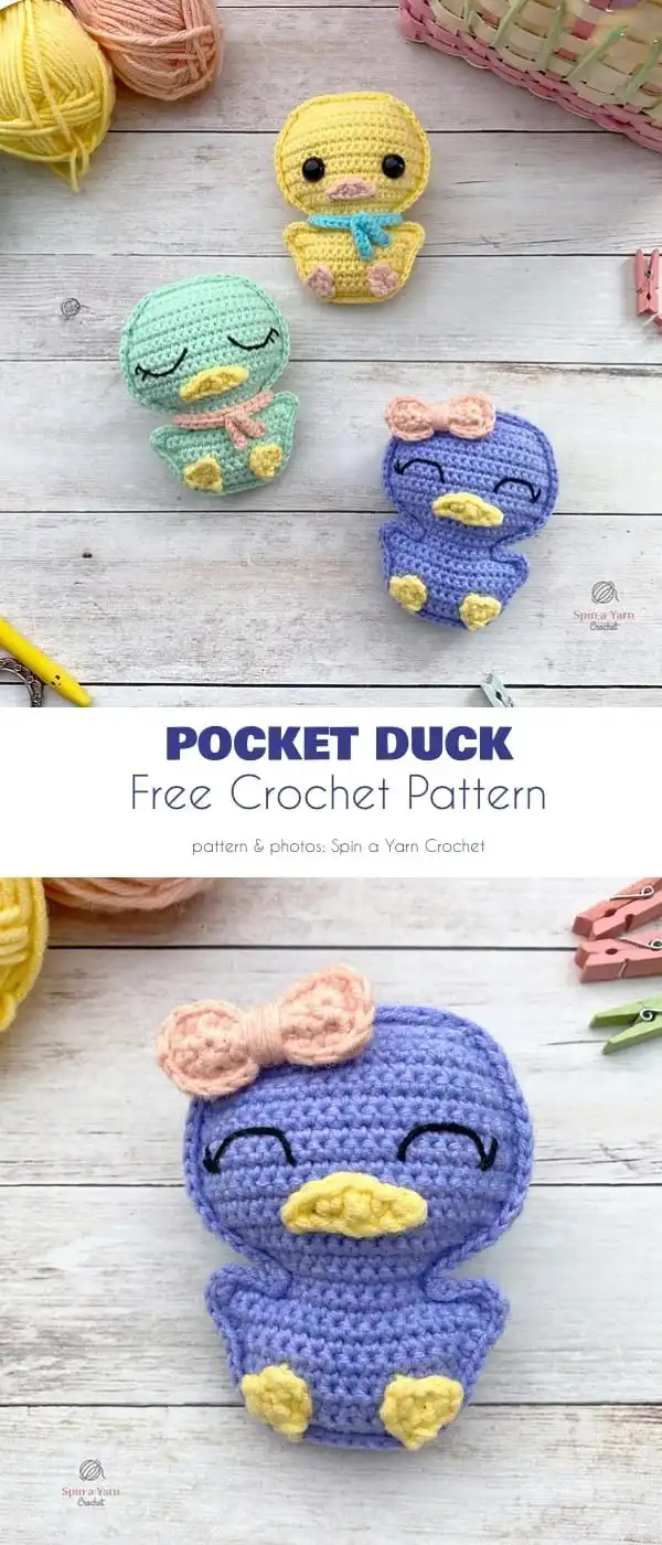 Charming crocheted duck wearing a tiny blue bow tie, adding personality to a small duck perfect for Easter.