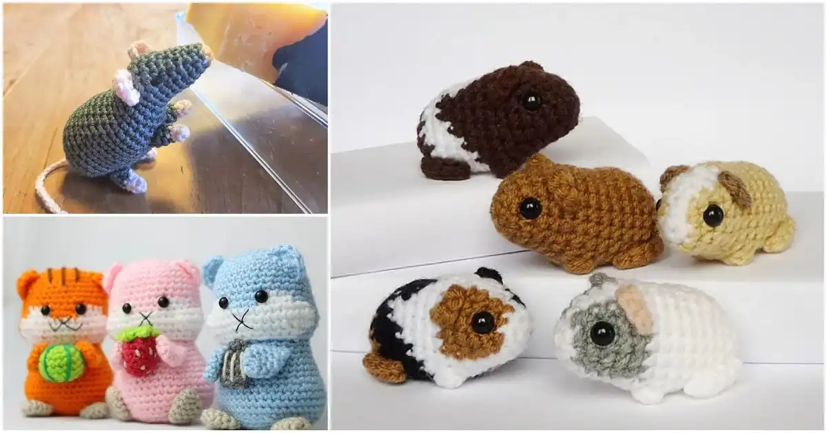 A collection of adorable Small House Pet Amigurumi, featuring a hamster, guinea pig, and rat, made with free crochet patterns.