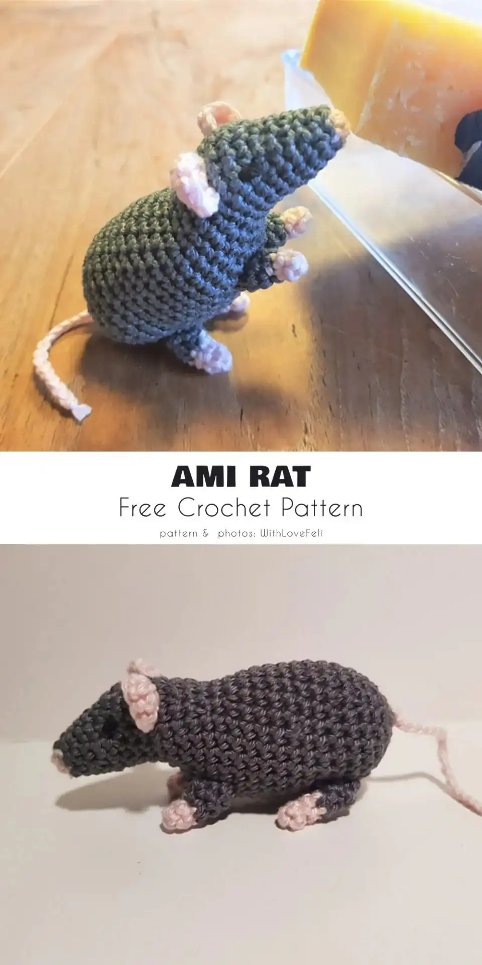 A detailed Ami Rat Amigurumi, crocheted to highlight its intelligent features and sleek body, promoting understanding of these unique pets.