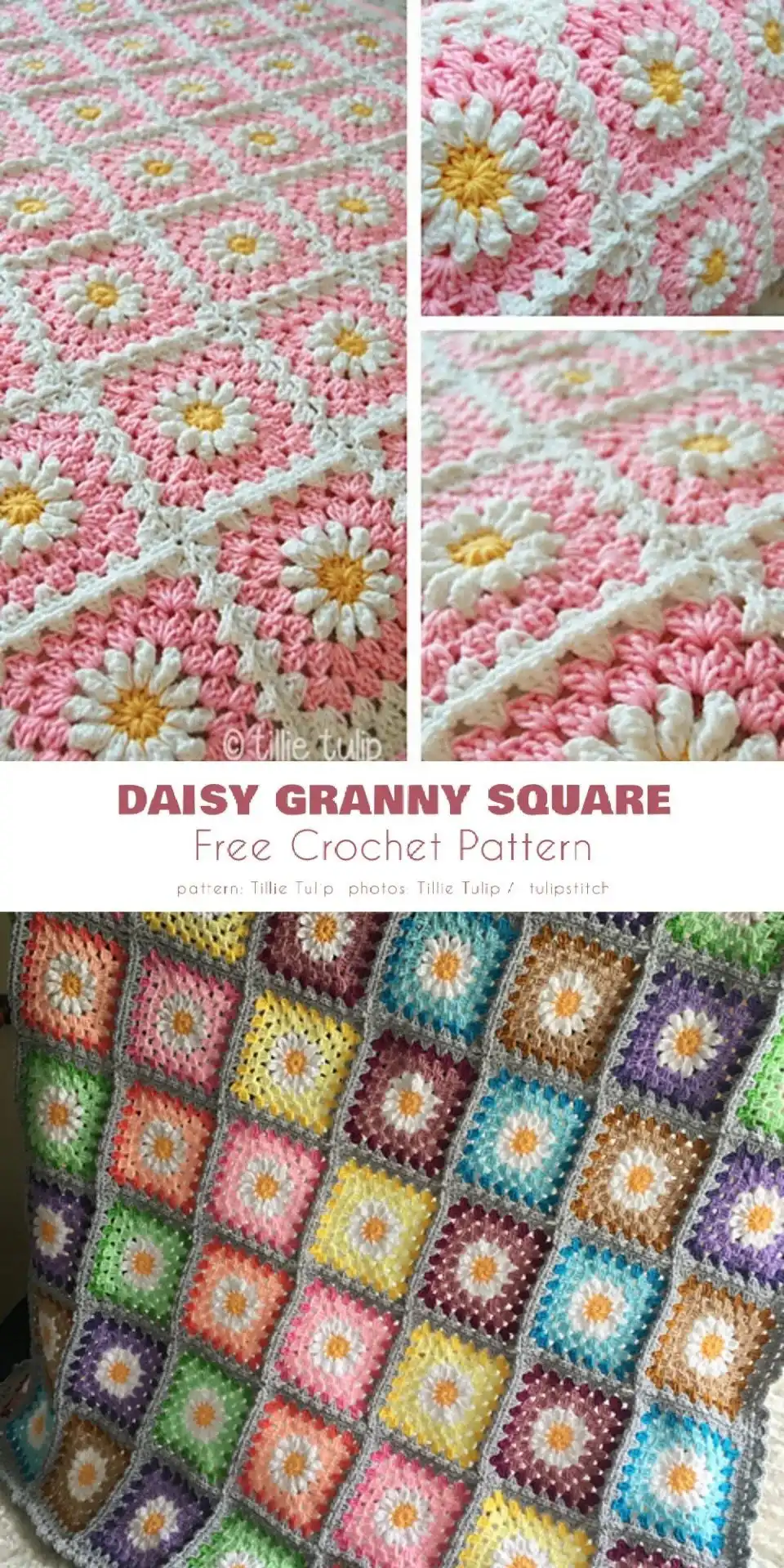 Close-up of a crocheted Daisy Granny Square in yellow and white, perfect for Spring Blanket Ideas.