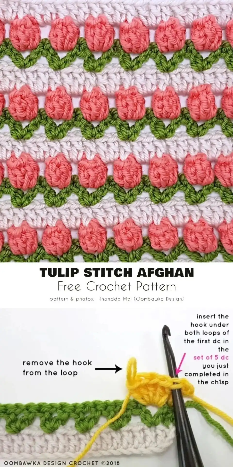 A soft, white Tulip Stitch Afghan with delicate pink tulip motifs, highlighting a Free Crochet Pattern for spring.