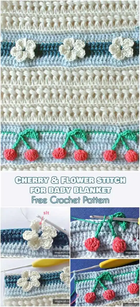 Detailed view of the Cherry and Flower Stitch, featuring playful red cherries and colorful blossoms on a yellow background, a delightful Spring Blanket Idea.