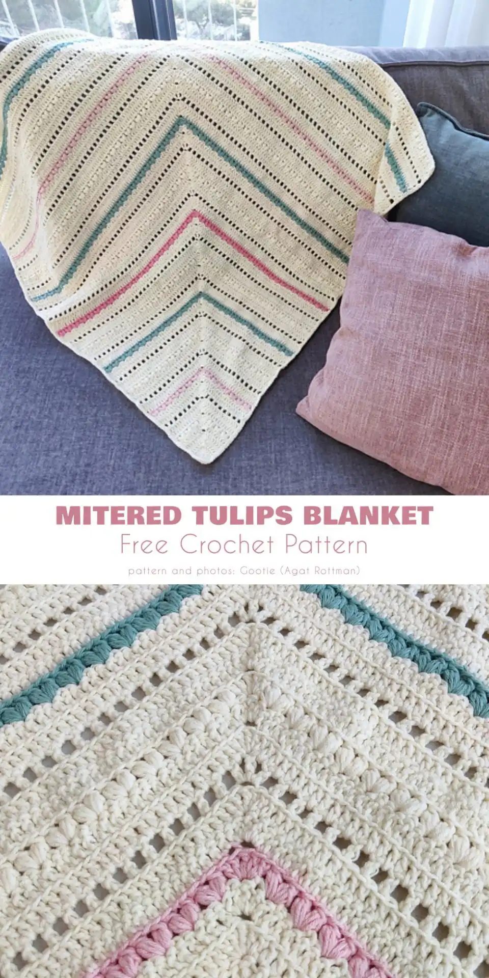 A sophisticated Mitered Tulips Blanket in shades of blue, green, and cream, demonstrating geometric elegance among Spring Blanket Ideas.