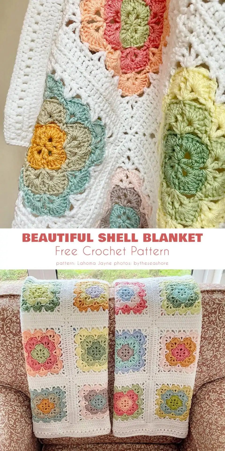 Crocheted Beautiful Shells Blanket featuring colorful shell patterns in various squares, showcasing rich texture and vibrant hues for Spring Blanket Ideas.