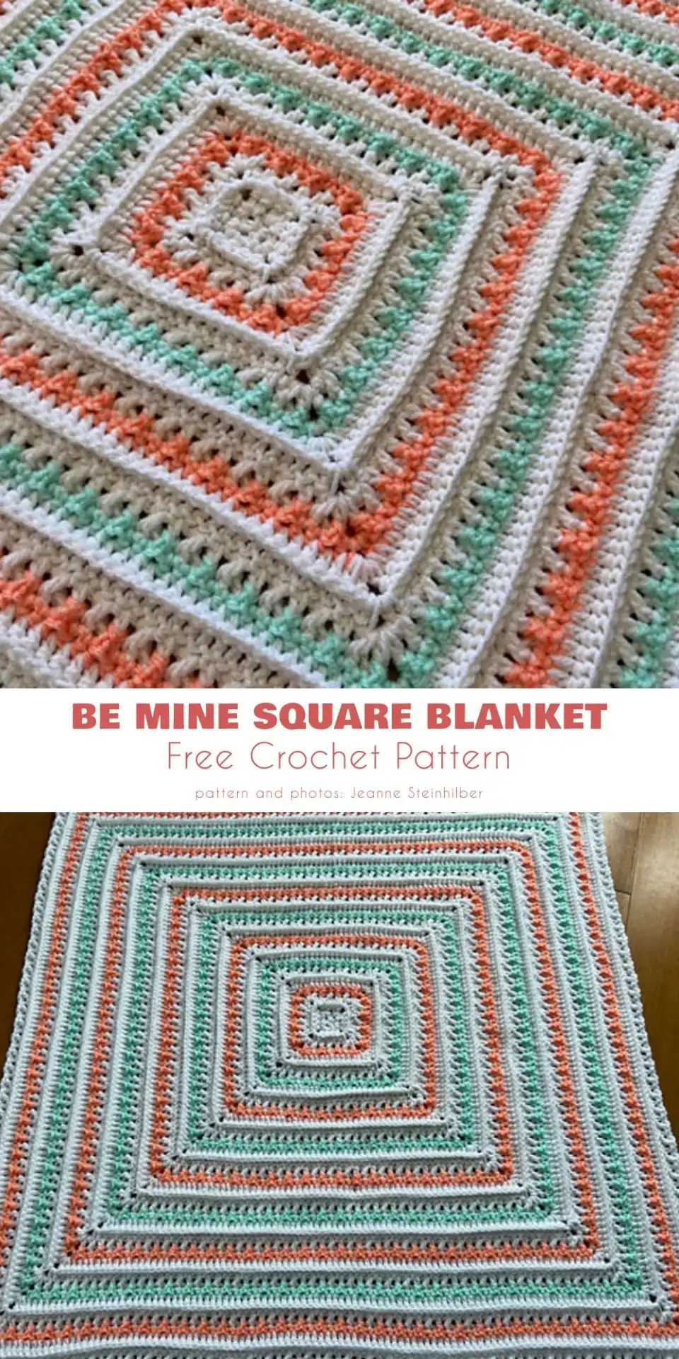 Be Mine Square Blanket with alternating stripes of white, peach, and green, highlighting different crochet textures, a unique Spring Blanket Idea.