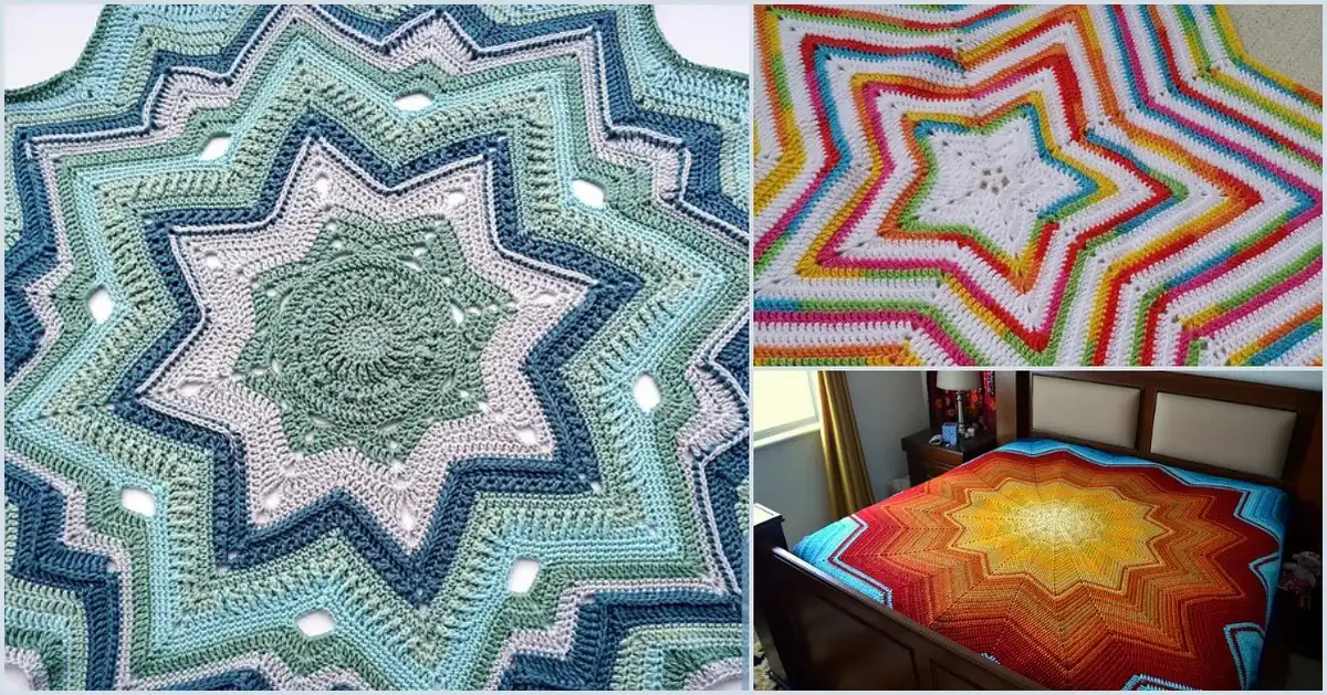 Collection of star-covered crochet blankets, showcasing diverse patterns for a celestial nap