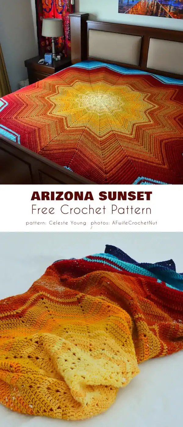 Vibrant Arizona Sunset crochet blanket in a starburst pattern, ideal for floor play or a cozy nap