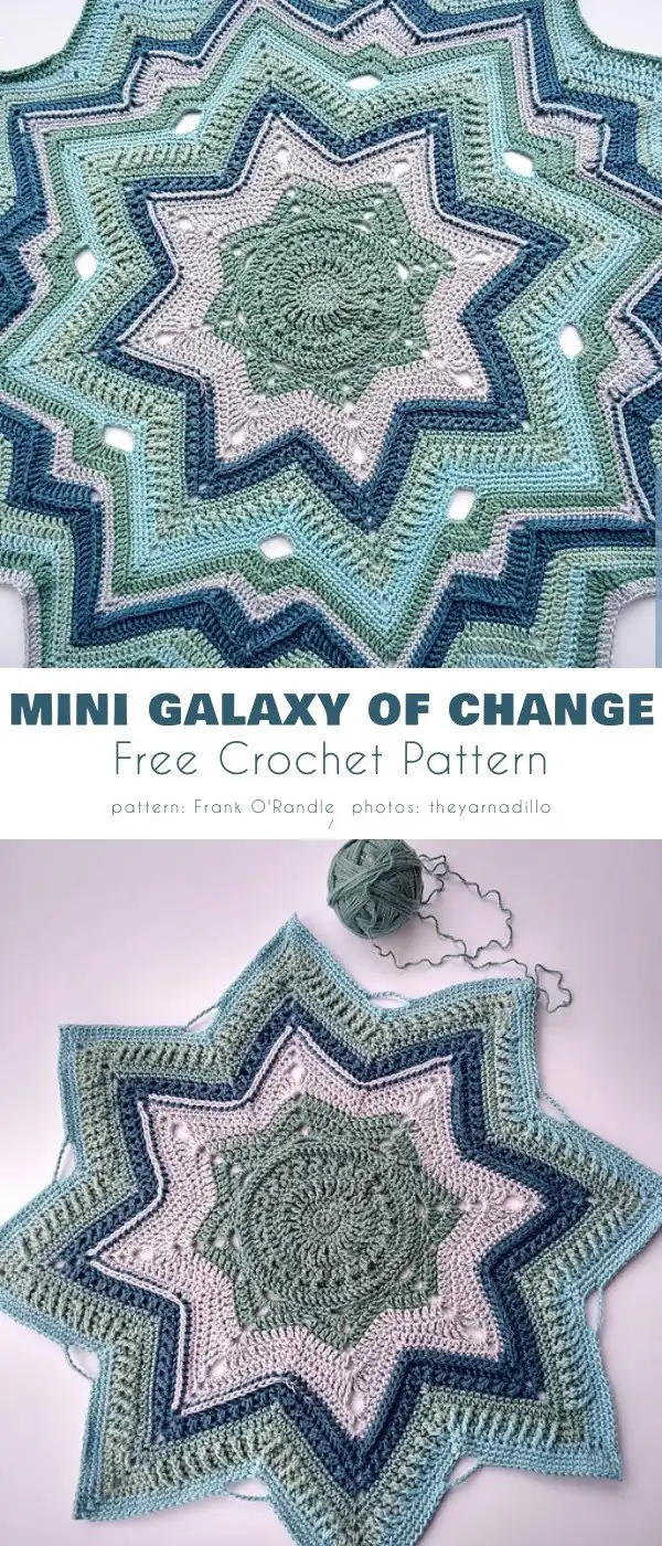 Mini Galaxy of Change crochet blanket showcasing rich, varied textures in a star shape