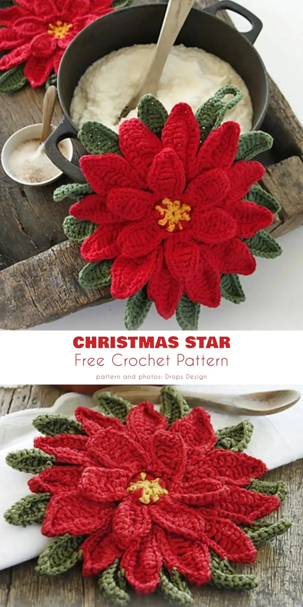 Close-up of a beautifully crocheted Star Flower Poinsettia with detailed petals and a yellow center.