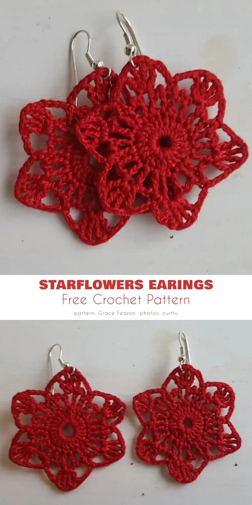 Handmade Star Flower Poinsettia crochet ornaments hanging on a decorated Christmas tree.