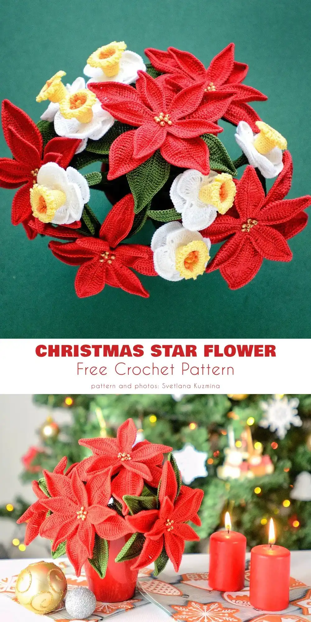 A collection of Star Flower Poinsettia crochet pieces in various sizes=