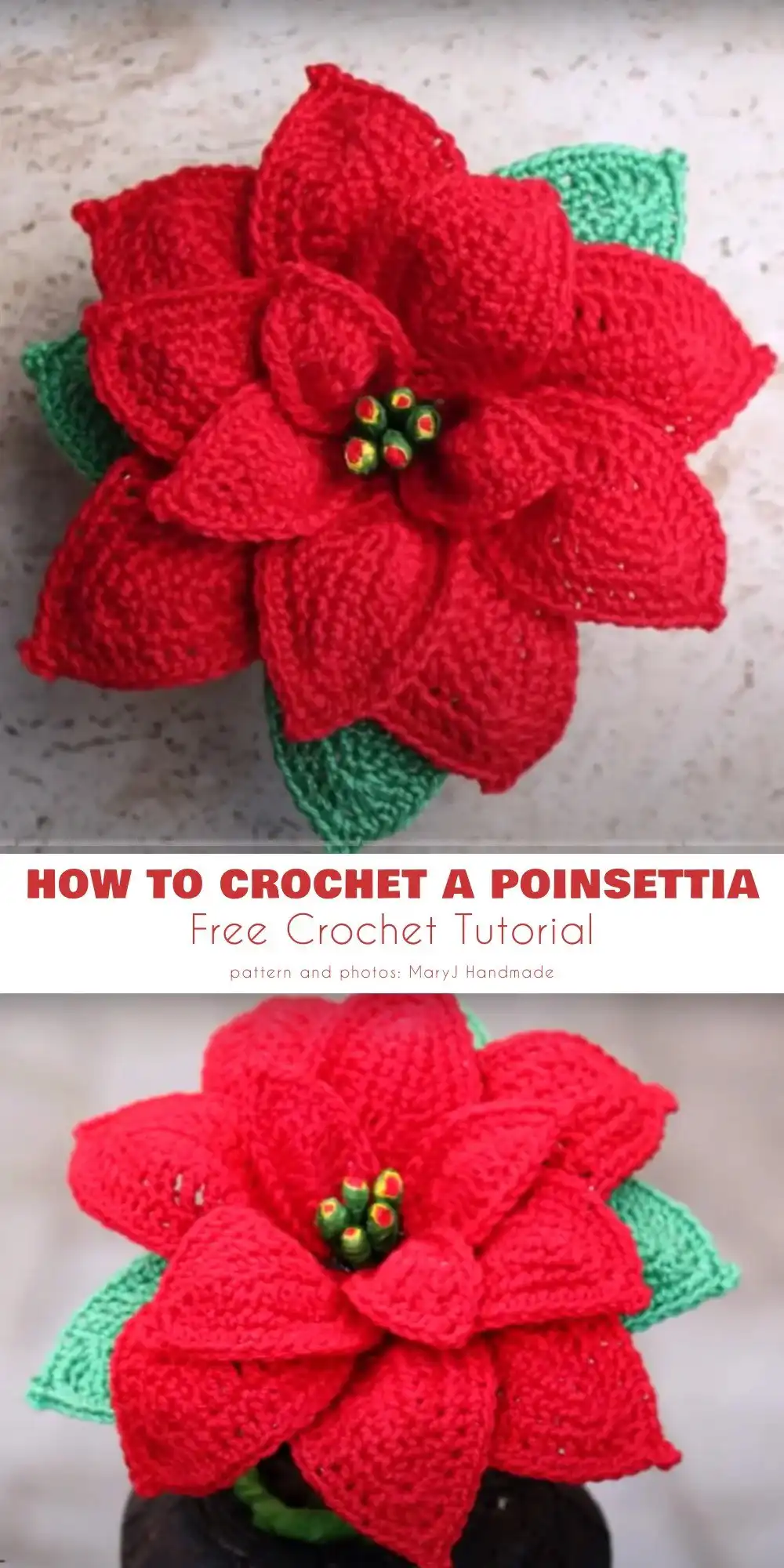 Someone's hands holding a newly crocheted Star Flower Poinsettia, ready for assembly or finishing.