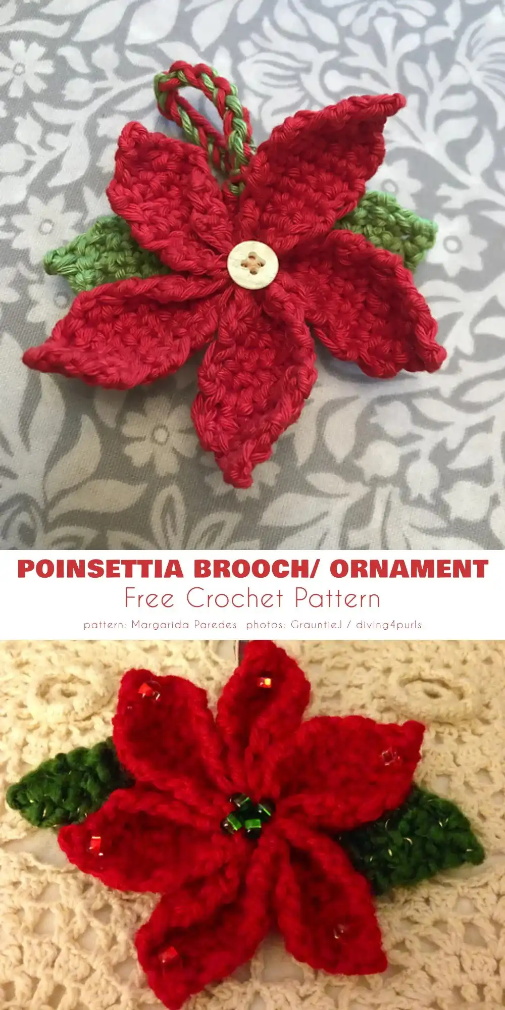 A holiday centerpiece featuring Star Flower Poinsettia crochet flowers mixed with pinecones and candles.