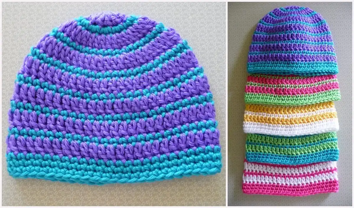 A cozy striped beanie crocheted with contrasting yarn colors, ideal for winter warmth and style.