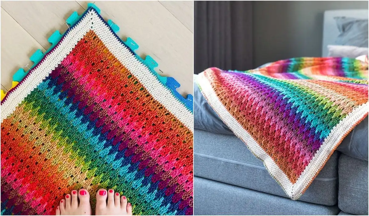Close-up of a vibrant rainbow Larksfoot crochet blanket showcasing the stunning stitch pattern