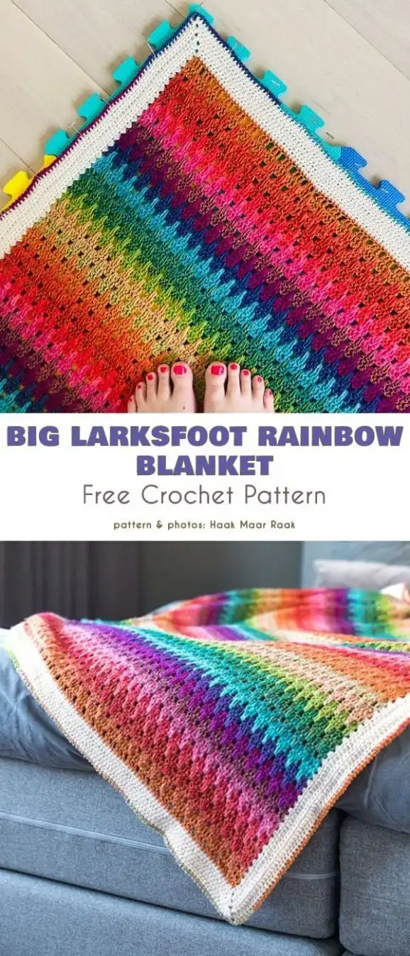 Full view of the Big Larksfoot Rainbow Blanket, a large and colorful crochet project with vibrant stripes