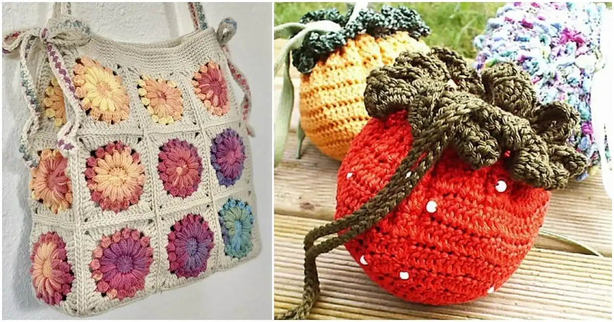Vibrant crochet summer bags displayed on a light background, showcasing various styles and colors perfect for warm weather accessories.