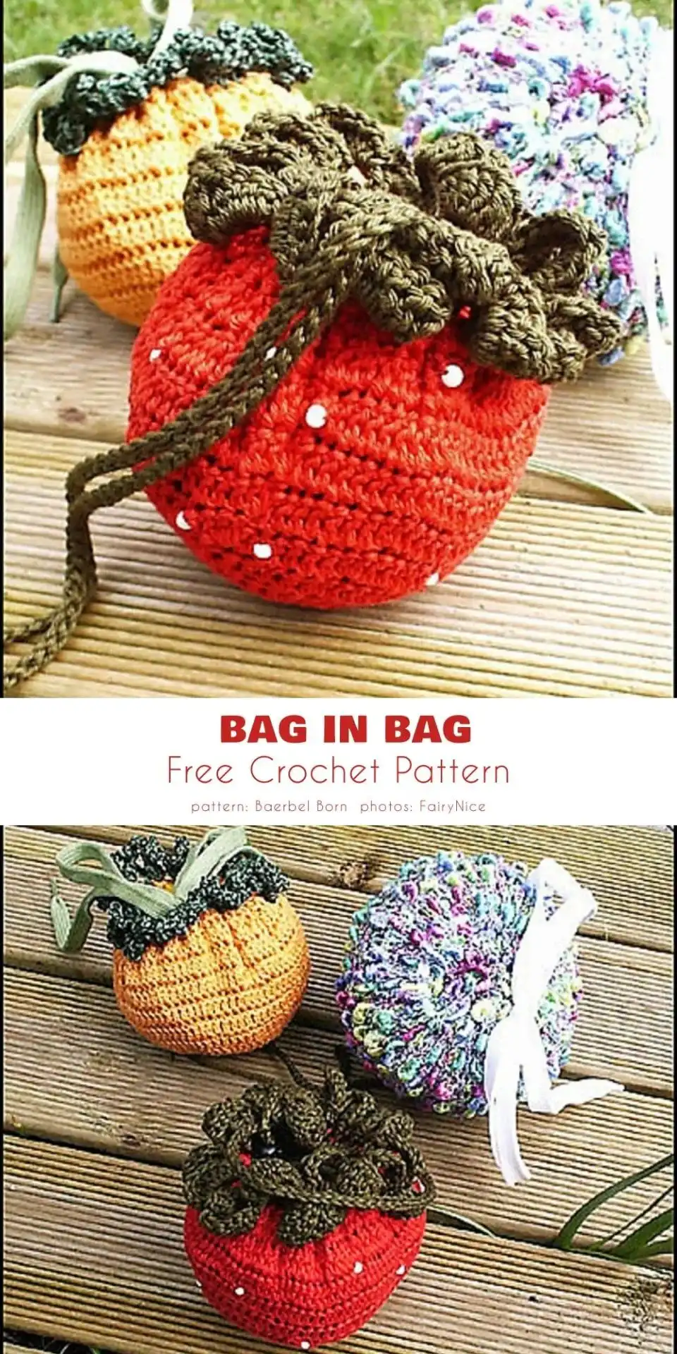 Close-up of a charming fruit-themed crochet 'Bag in Bag' with vibrant colors, perfect for a playful summer look.