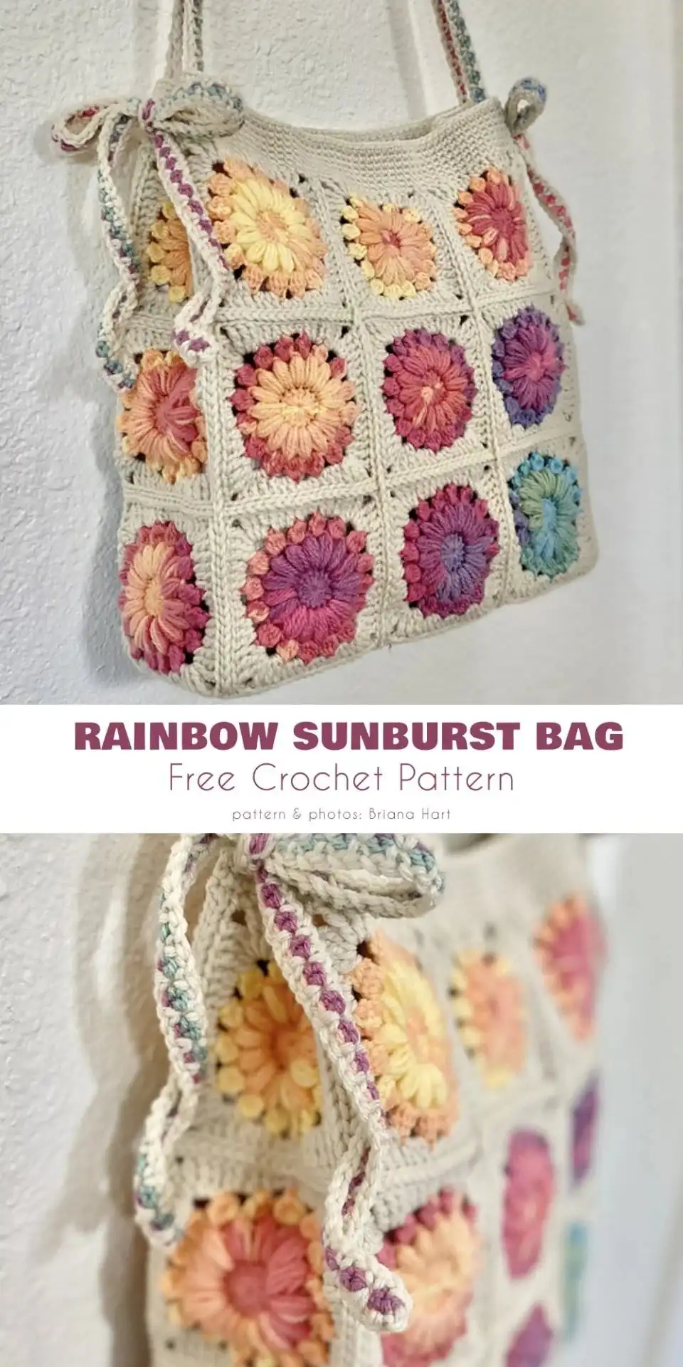Detailed view of a Rainbow Sunburst Tote Bag, highlighting its colorful granny squares and unique gradient yarn effects.