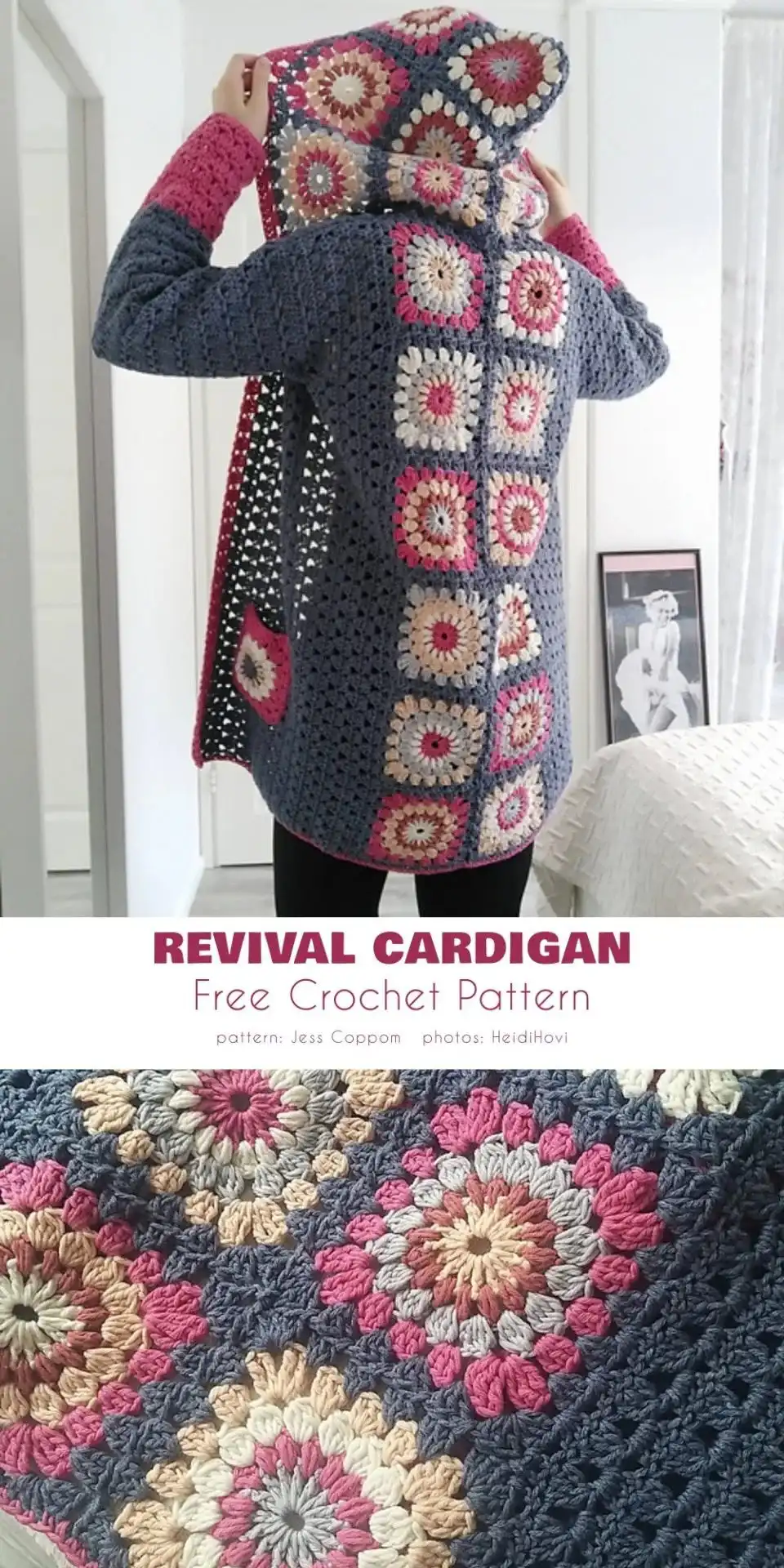 Summer Cardigan Ideas 3 Model wearing a Revival Cardigan, a granny square crochet hoodie, in a natural setting.