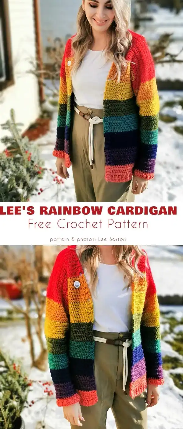 Summer Cardigan Ideas 6 Lee’s Rainbow Cardigan with vibrant, cheerful rainbow stripes on a white background.