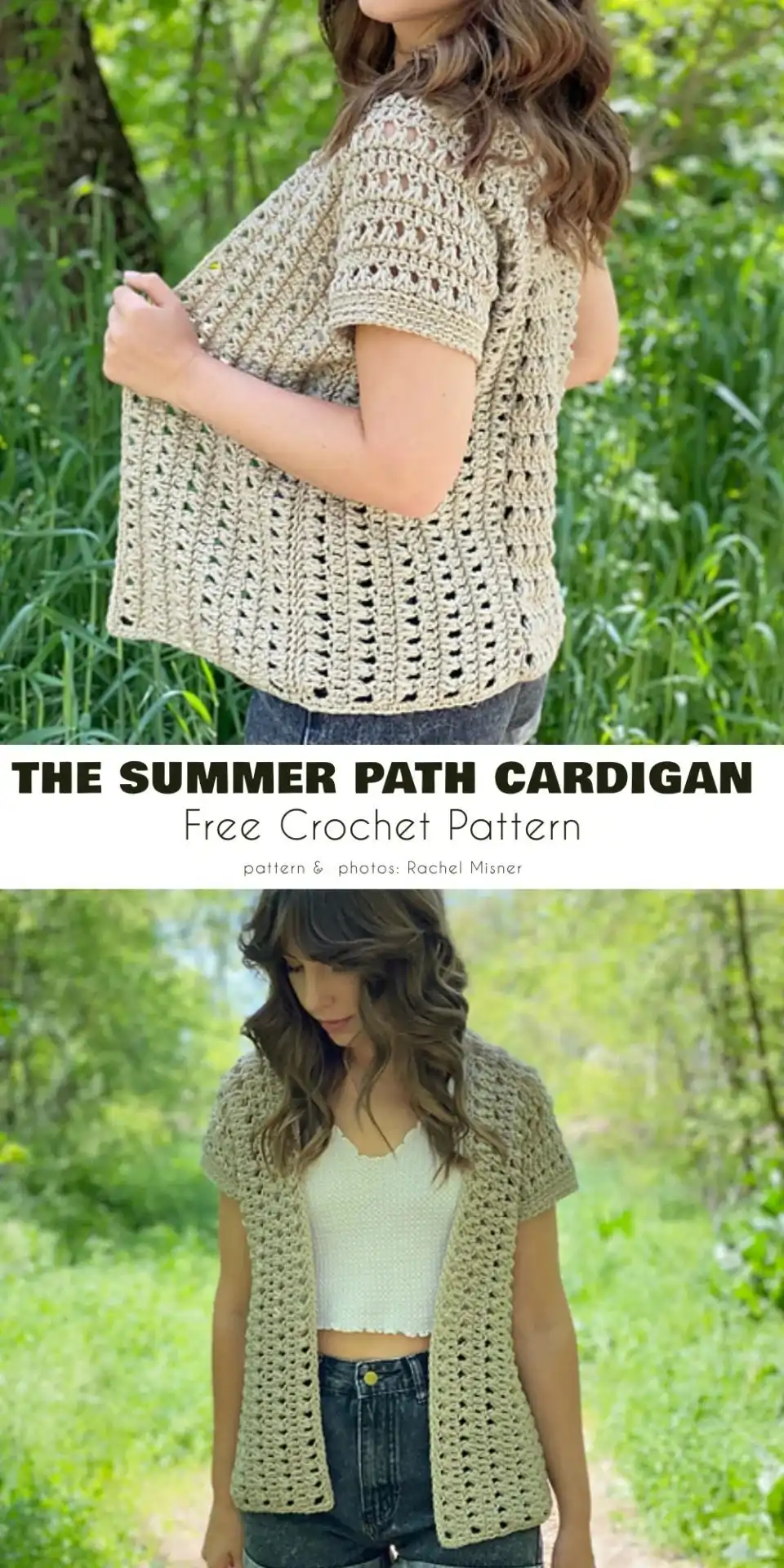 Model wearing 'The Summer Path Cardigan', a light beige short crochet cardigan with open stitches and a unique back detail.
