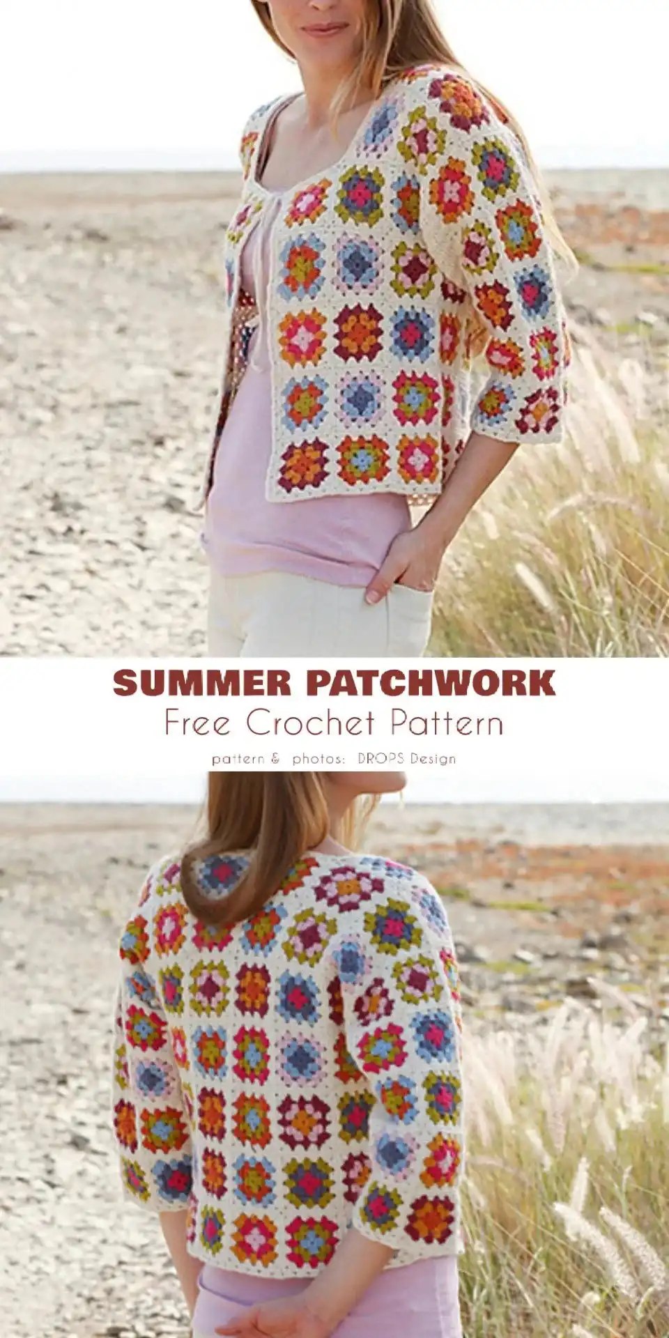 Flat lay of 'Summer Patchwork Cardigan' featuring an array of colorful granny squares sewn together in a cheerful pattern.