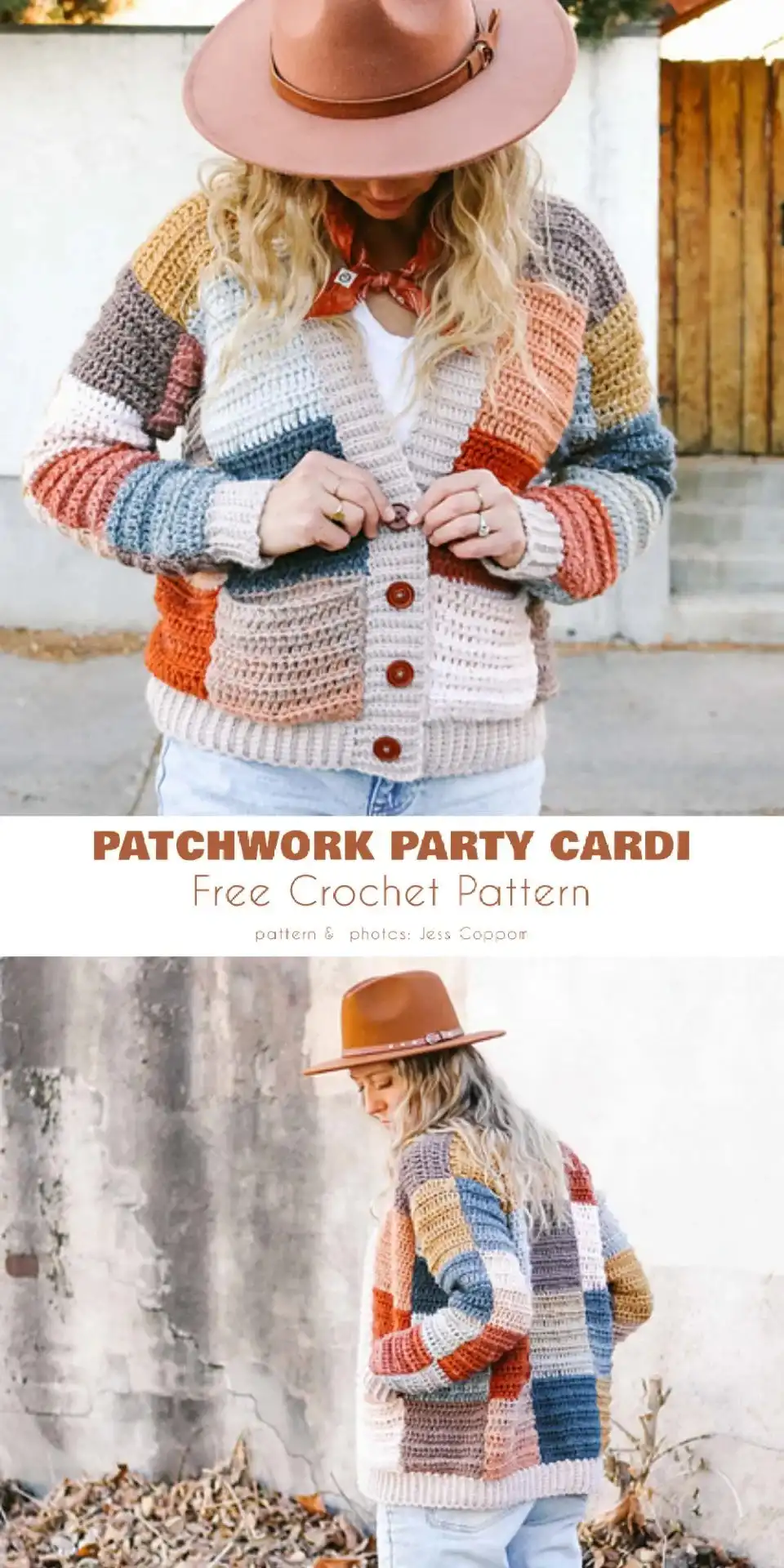 Close-up of 'Patchwork Party Cardi', showing its construction from crocheted strips in varying colors and textures.
