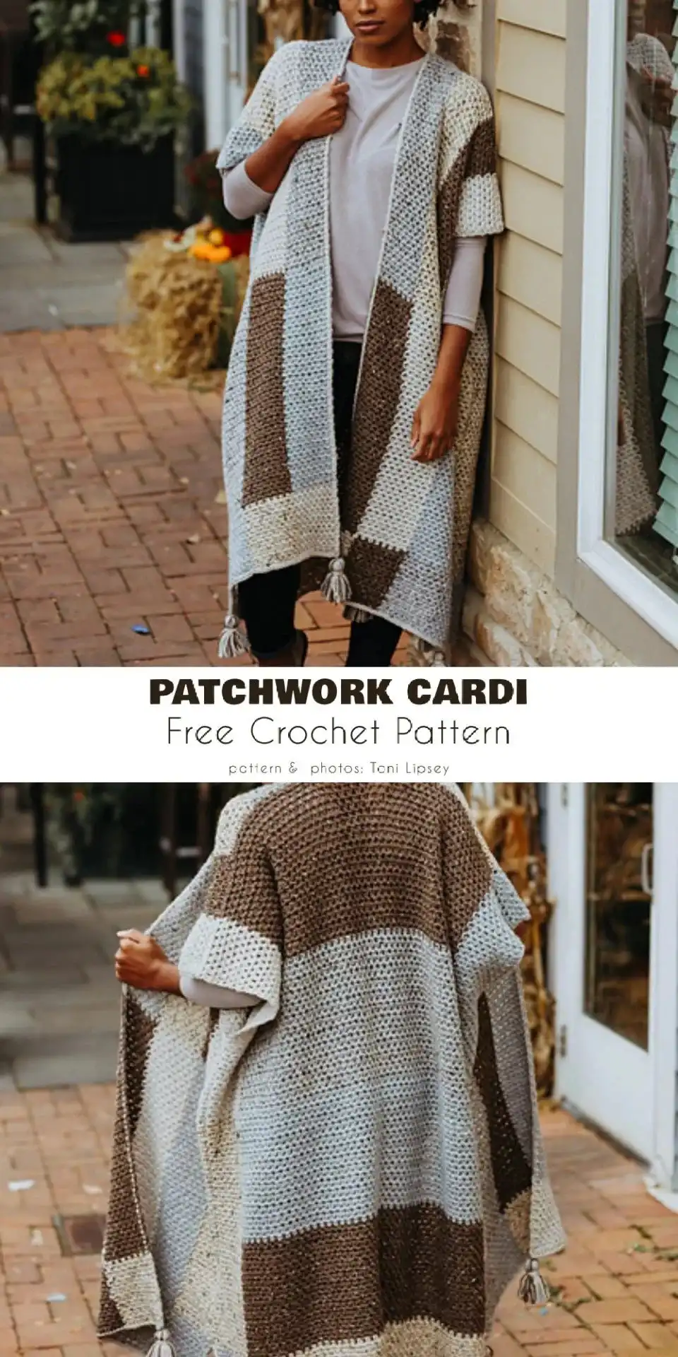 Model wearing 'Patchwork Cardigan' with elongated vertical strips creating a flowing, waterfall-like effect in earthy tones.