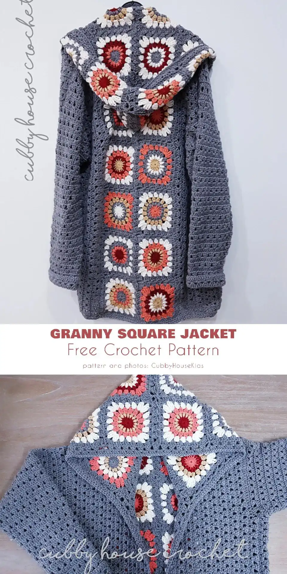 Styled shot of 'Granny Square Jacket', showcasing granny squares as both structural elements and decorative motifs in a colorful design.
