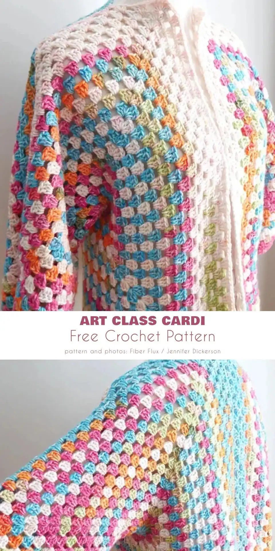 Flat lay of 'Art Class Cardi', an airy, lightweight cardigan made from granny squares in an artistic color palette.