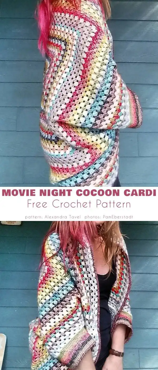 Model wearing 'Movie Night Cocoon Cardi', a cozy, oversized wrap cardigan in a soft, neutral color, perfect for relaxing.