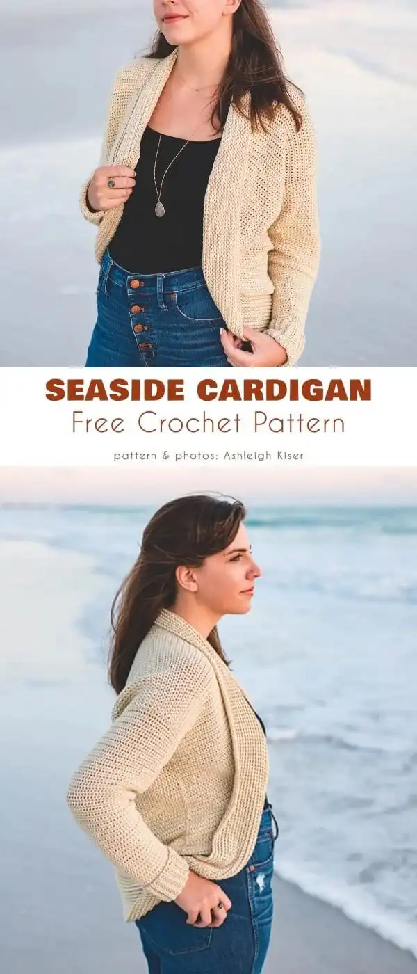 Model wearing 'Seaside Cardigan', a simple beige crochet cardigan inspired by cool beach evenings, showcasing its drape.