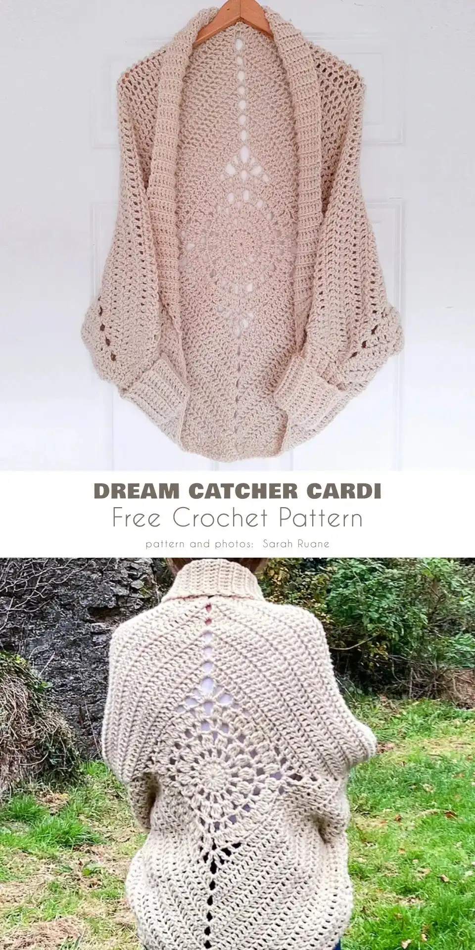 Detailed shot of 'Dream Catcher Cardi', highlighting the circular motif and diamond pattern in a unique crocheted design.
