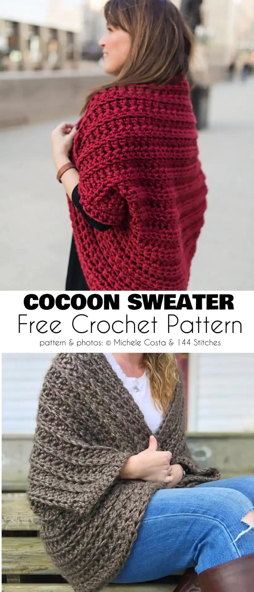 Flat lay of 'Cocoon Sweater' made with thick yarn, demonstrating its cozy, draped silhouette in a textured stitch.
